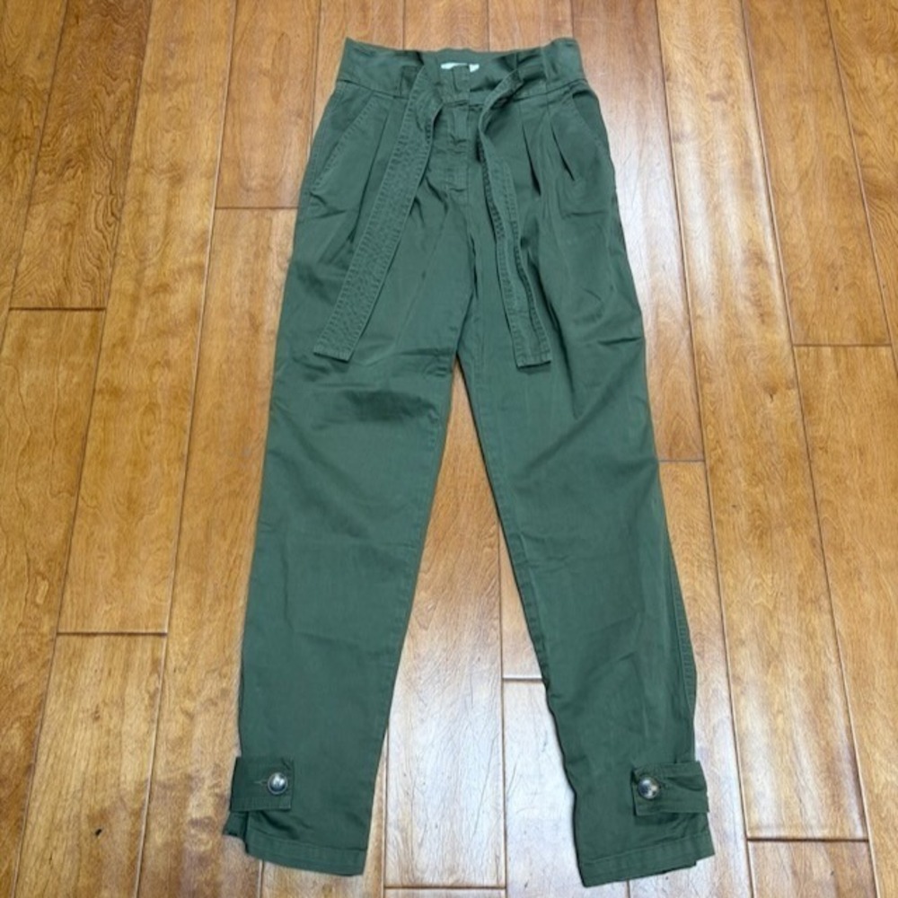 A.L.C. Pants Womens 4 Green Paperbag Waist Cargo Cuffed Tie Belt Cotton Preppy